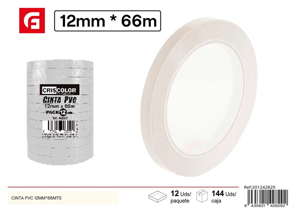 Cinta adhesiva PVC 12mm x 66mts para oficina y papelería