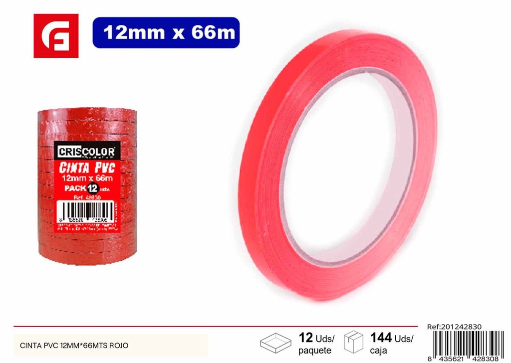 Cinta PVC roja 12mm*66mts para embalaje y adhesión