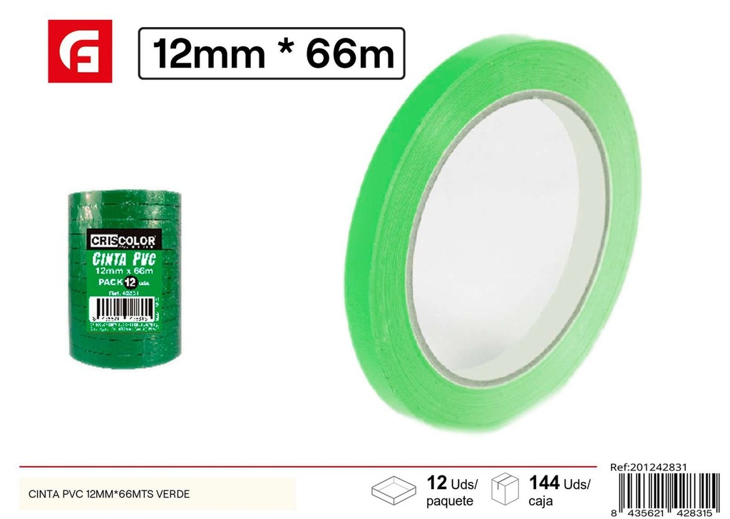 Cinta adhesiva de PVC 12mm*66mts verde para oficina y manualidades