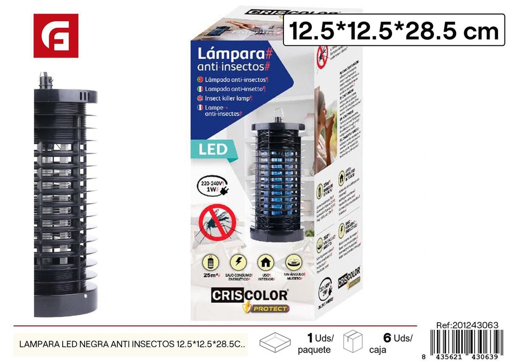 Lámpara LED negra anti insectos 12.5x12.5x28.5cm para hogar