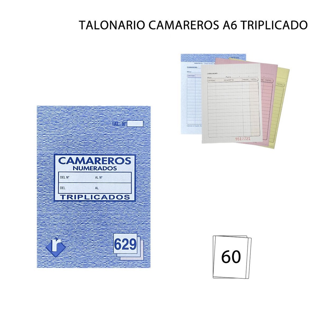Talonario de camareros A6 triplicado 20+20+20 hojas - Papelería