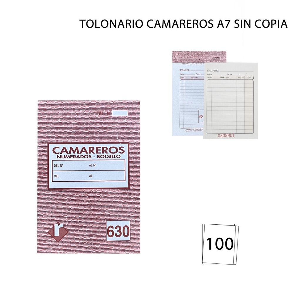 Talonario camareros A7 sin copia 100 hojas