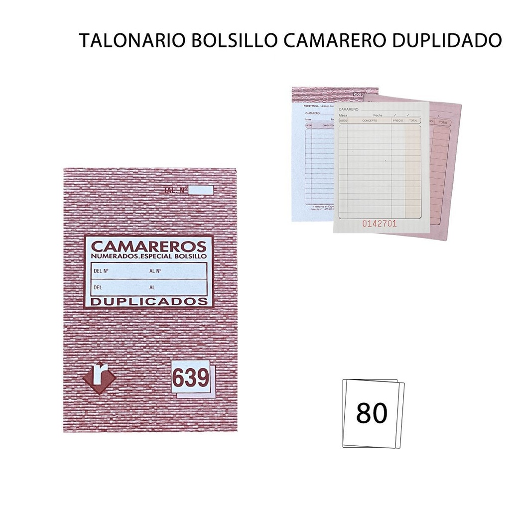 TALONARIO BOLSILLO CAMARERO DUPLICADO 40 + 40 hojas - Papelería