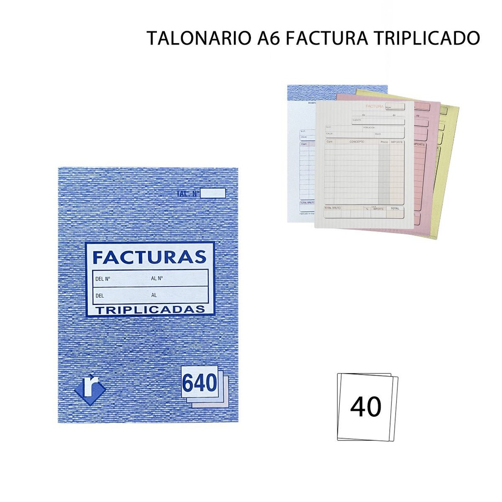 Talonario A6 de factura triplicado 20+20 hojas para oficina