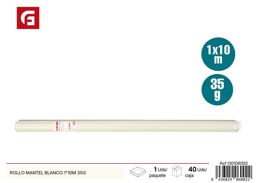 Rollo mantel blanco de papel 1x10m 35g para fiestas