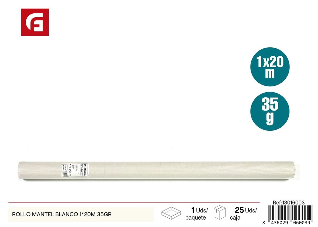 Mantel de papel desechable blanco en rollo 1x20m 35g para fiestas y eventos
