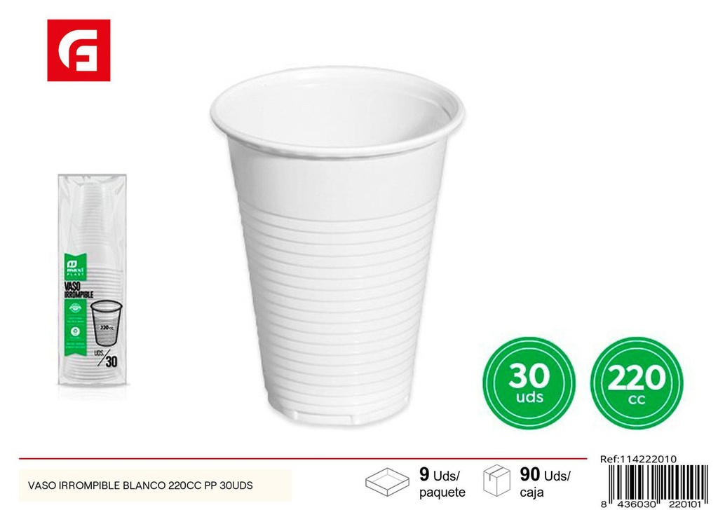 Vaso irrompible blanco 220cc PP 30uds