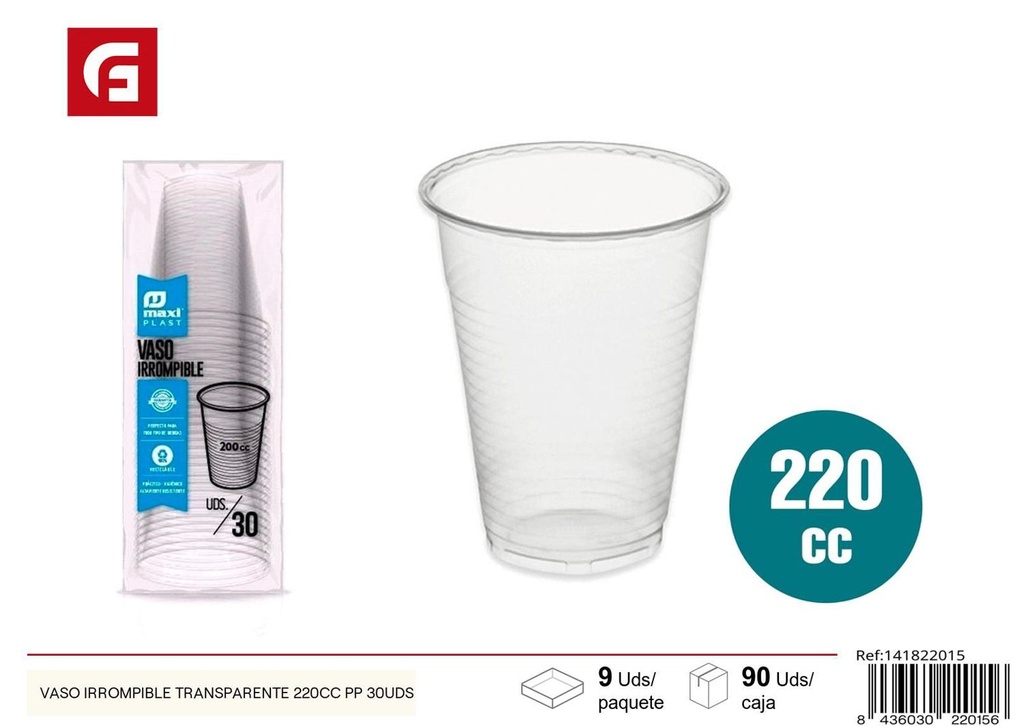 Vaso irrompible transparente 220cc PP 30uds desechable