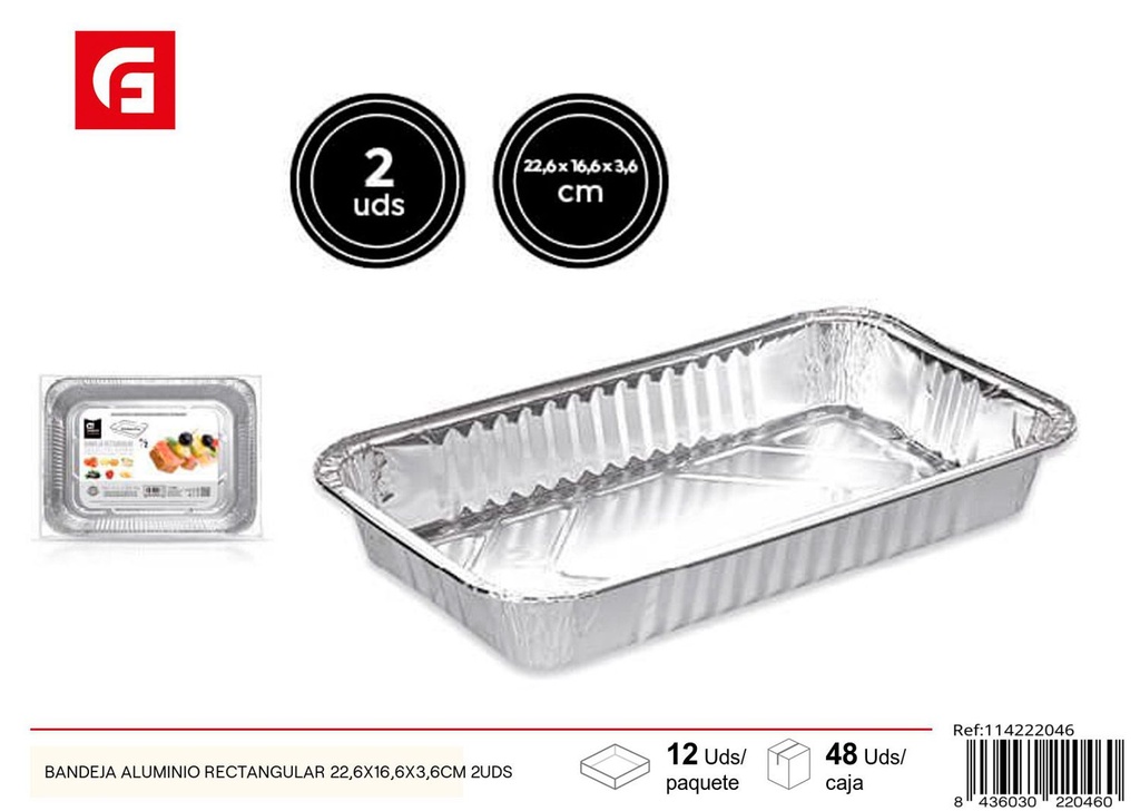 Bandeja de aluminio rectangular 22.6x16.6x3.6cm 2uds para hornear y servir