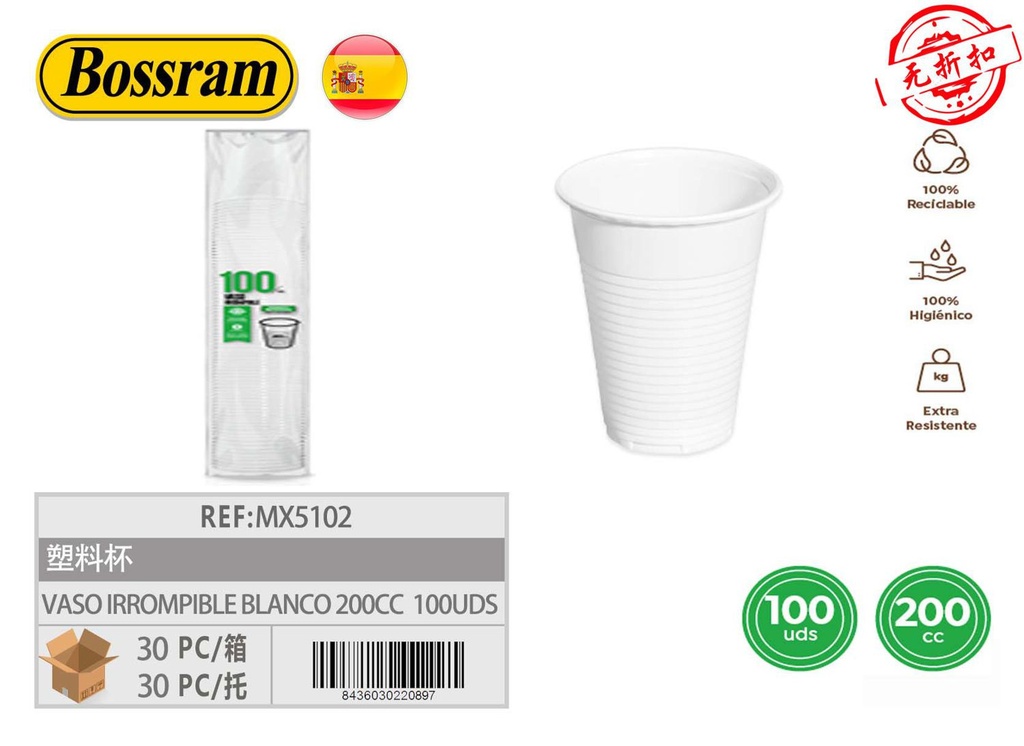 Vaso irrompible blanco 200cc PP pack 100uds para bebidas y fiestas