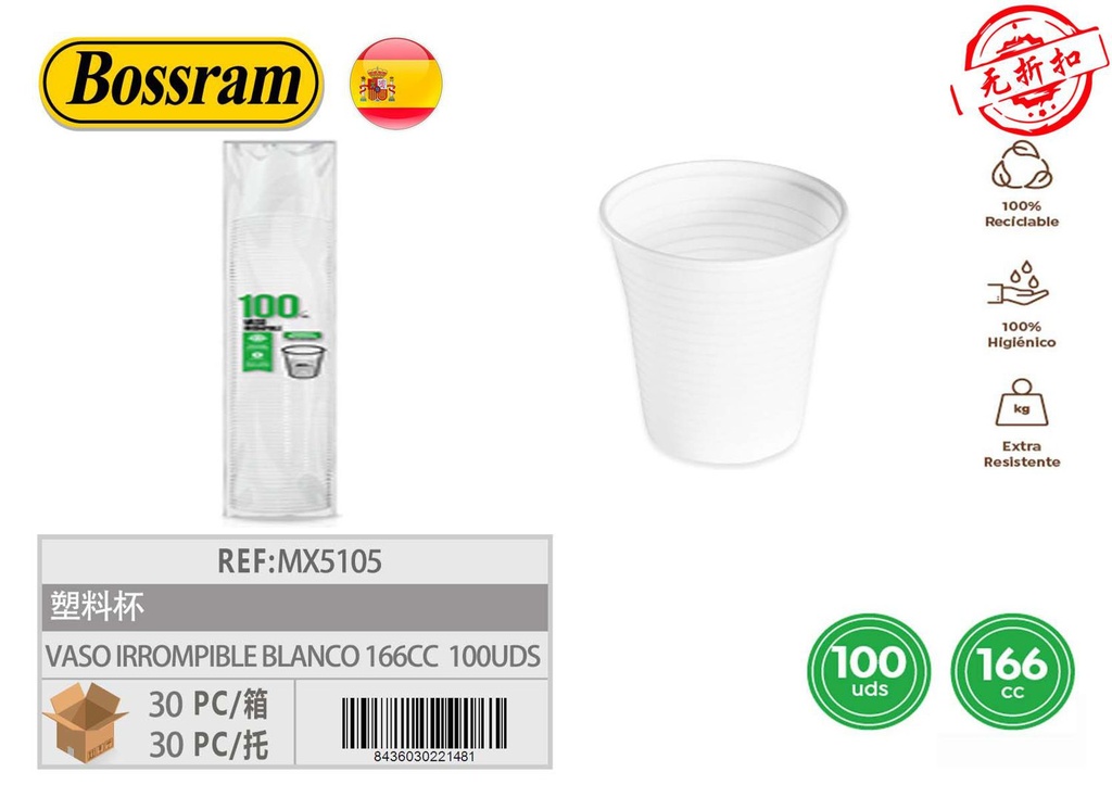 Vaso irrompible blanco 166cc PP 100uds