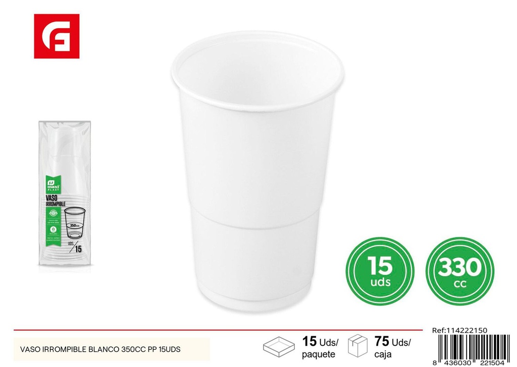 Vaso irrompible blanco 350cc PP 15uds para fiestas y eventos