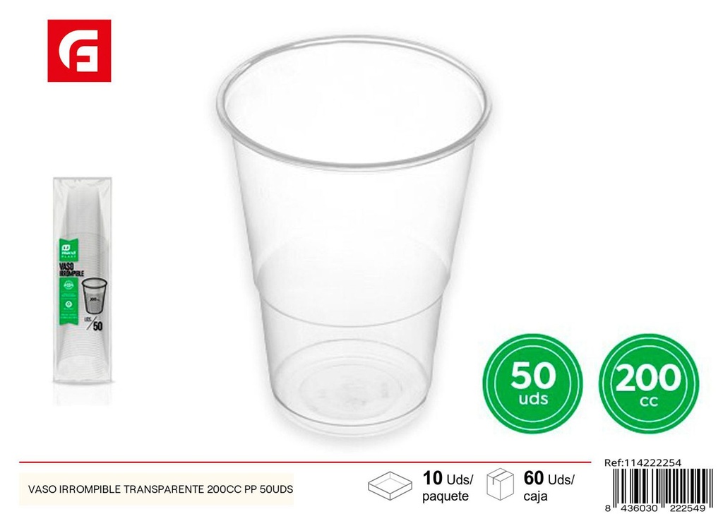 Vaso irrompible transparente 200cc PP 50uds