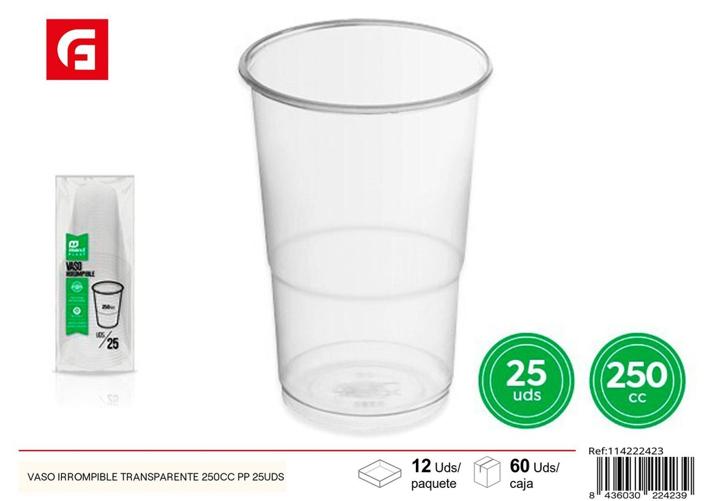 Vaso irrompible transparente 250cc PP 25uds