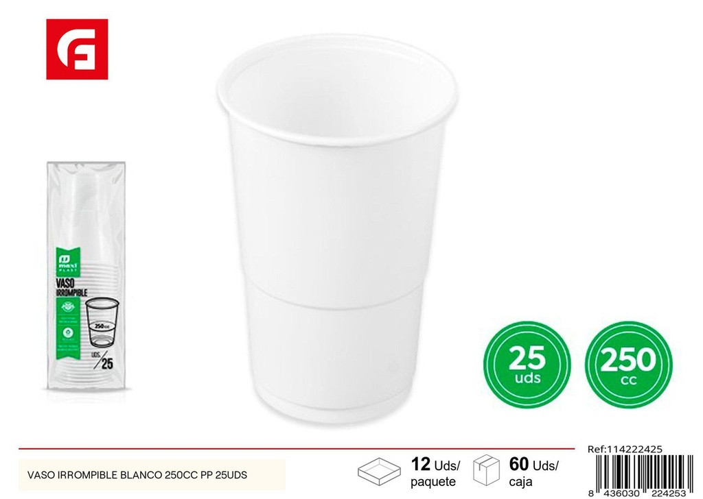 Vaso irrompible blanco 250cc PP 25uds desechable