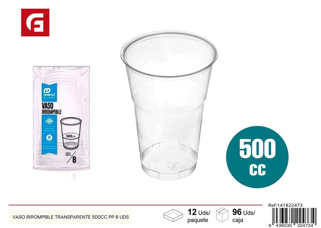 Vaso irrompible transparente 500cc PP 8 uds para fiestas