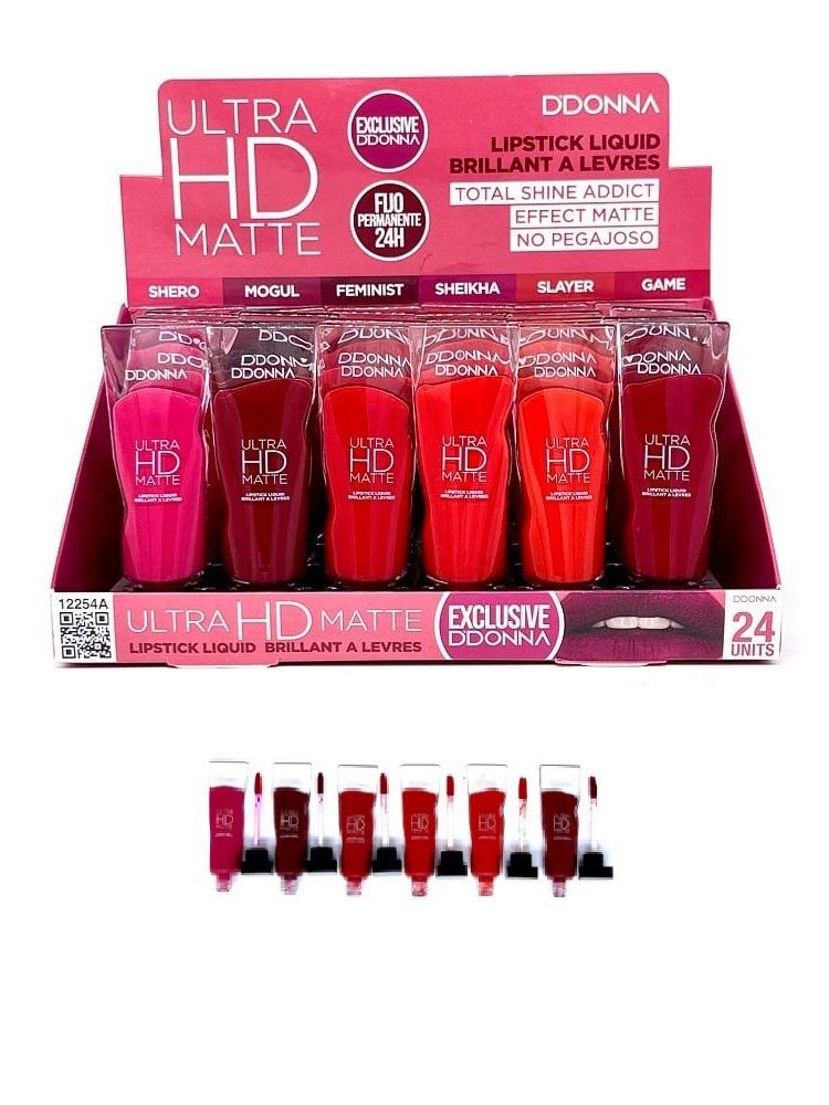 Lipstick líquido ultra HD matte 24/u DDONNA para maquillaje