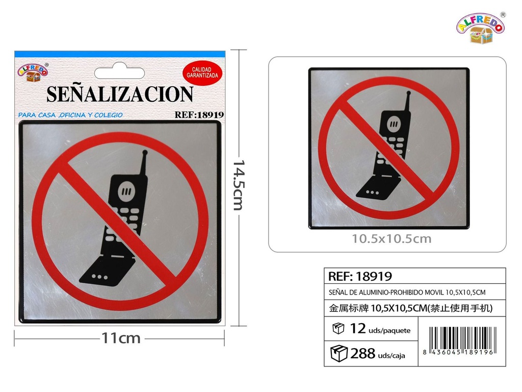 Señal de aluminio "Prohibido móvil" 10.5x10.5cm