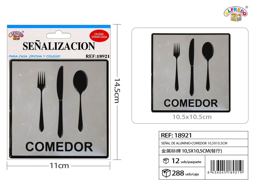 Señal de aluminio comedor 10.5x10.5cm para señalización