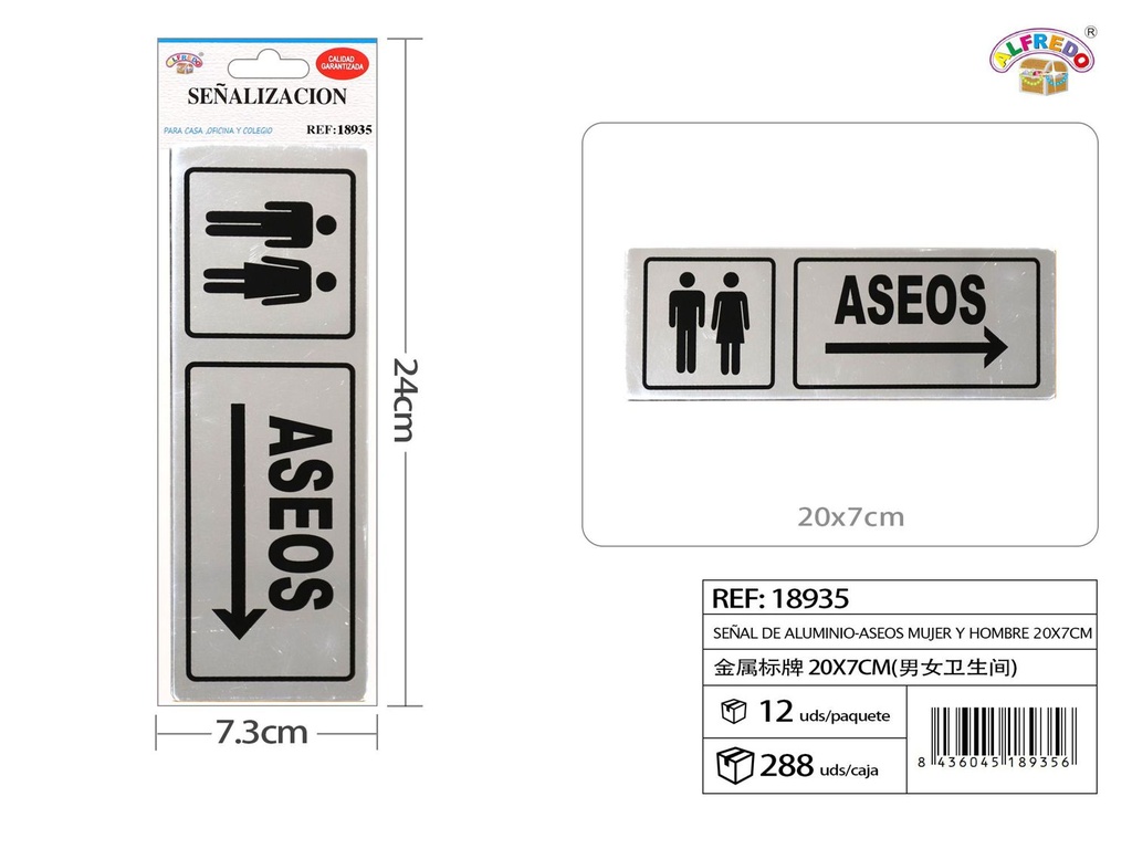 Señal aluminio aseos hombre y mujer 20x7cm para baños públicos