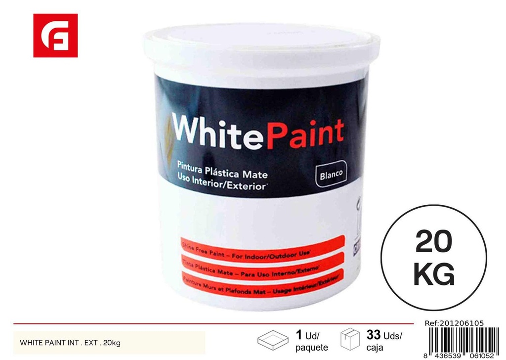 Pintura blanca para interiores y exteriores 20kg