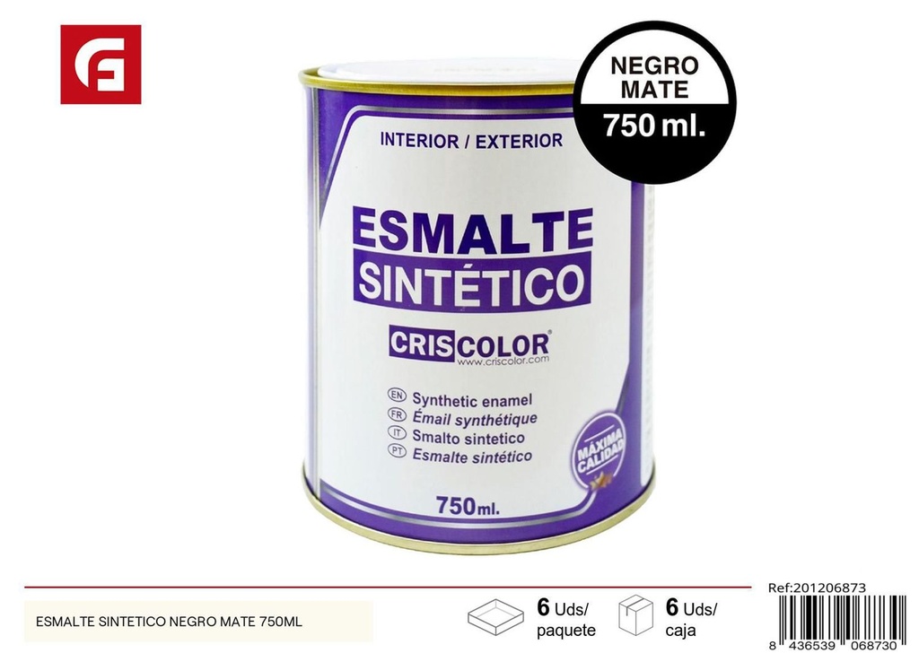 Esmalte sintético negro mate 750ml para superficies metálicas y madera