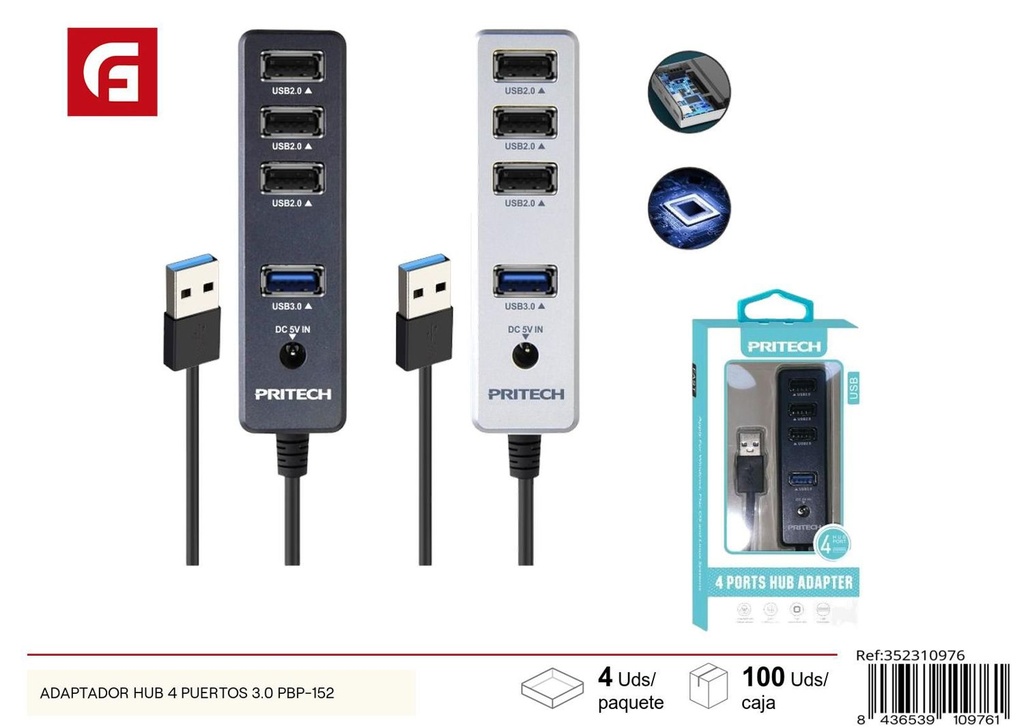 Adaptador HUB 4 puertos 3.0 PBP-152 para electrónica y informática