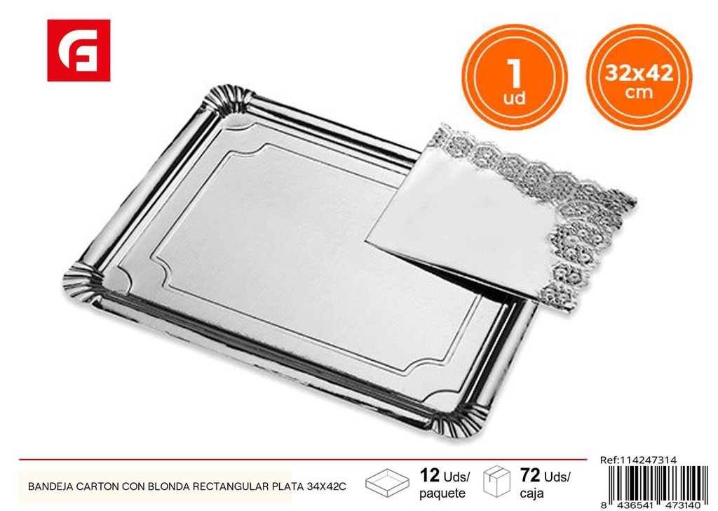 Bandeja de cartón con blonda plateada rectangular 34x42cm