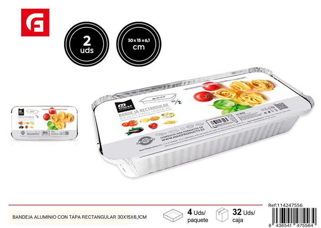 Bandeja de aluminio rectangular con tapa 30 x 15 x 6.1 cm - Artículos desechables