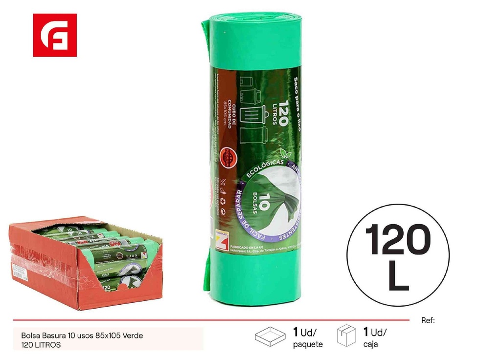 Bolsas de basura Rollo Comunidad 10 usos 85x105 Verde 120L - Utensilios de limpieza