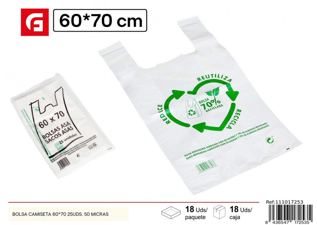 Bolsa camiseta plástica 60x70cm 25uds 50 micras para comercio y uso diario