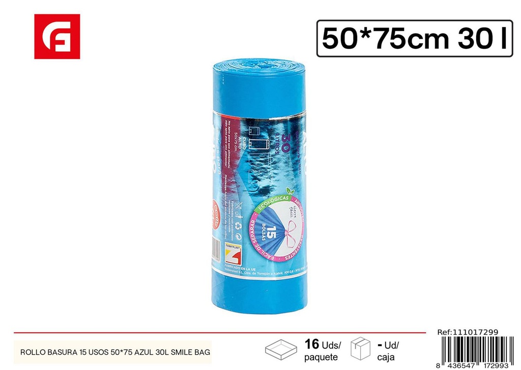 Rollo de bolsas de basura 15 usos 50x75 azul 30L Smile Bag para limpieza del hogar