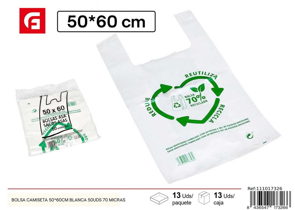 Bolsa camiseta blanca 50*60 50 uds 70 micras - Productos de limpieza 