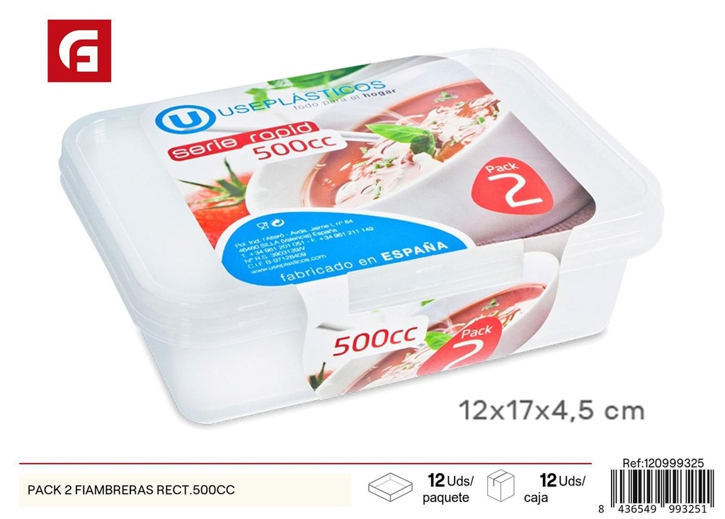 Pack 2 fiambreras rectangulares 500cc almacenamiento alimentos