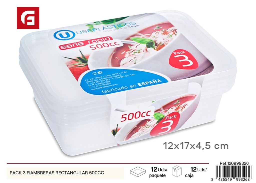 Fiambreras rectangulares pack 3 500cc para alimentos y almacenamiento