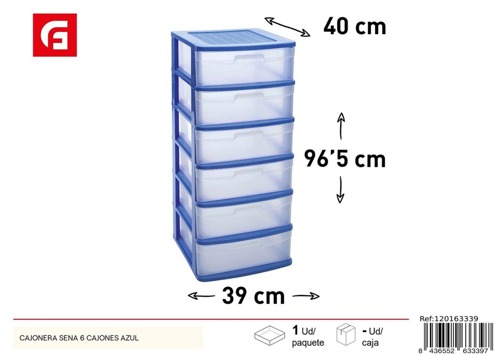 Cajonera de plástico azul 6 cajones para organización