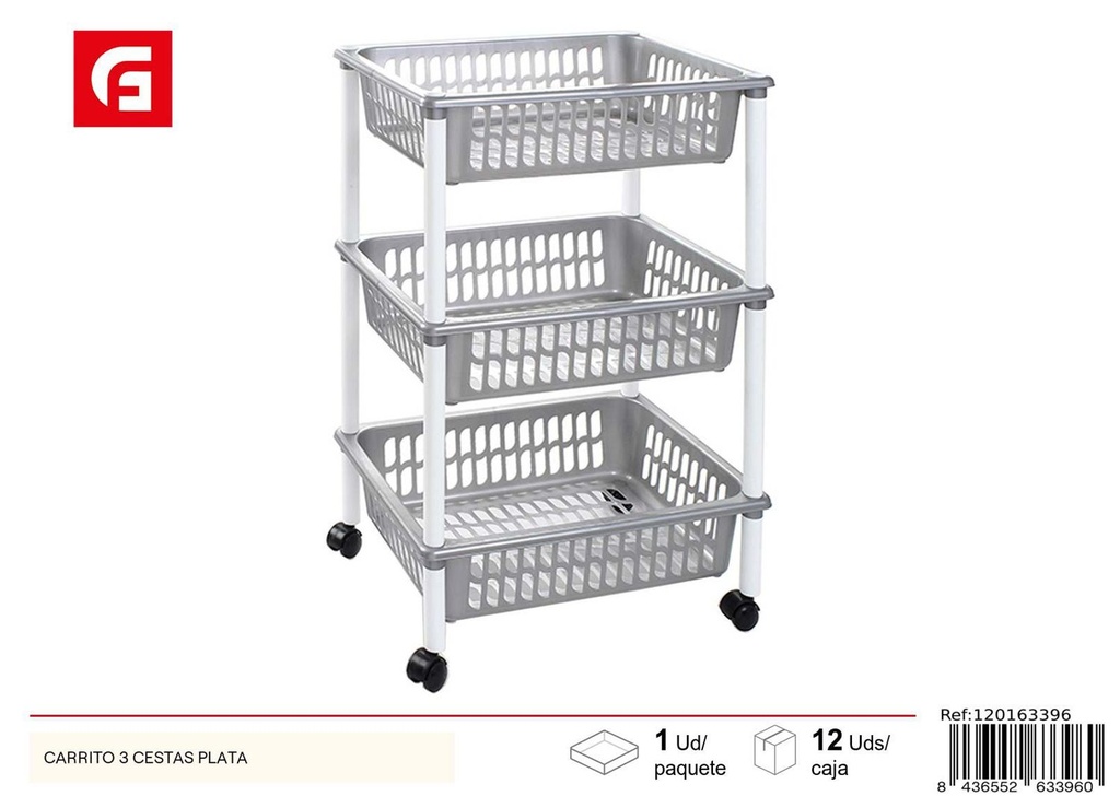 Carrito de cocina 3 cestas plata para almacenamiento