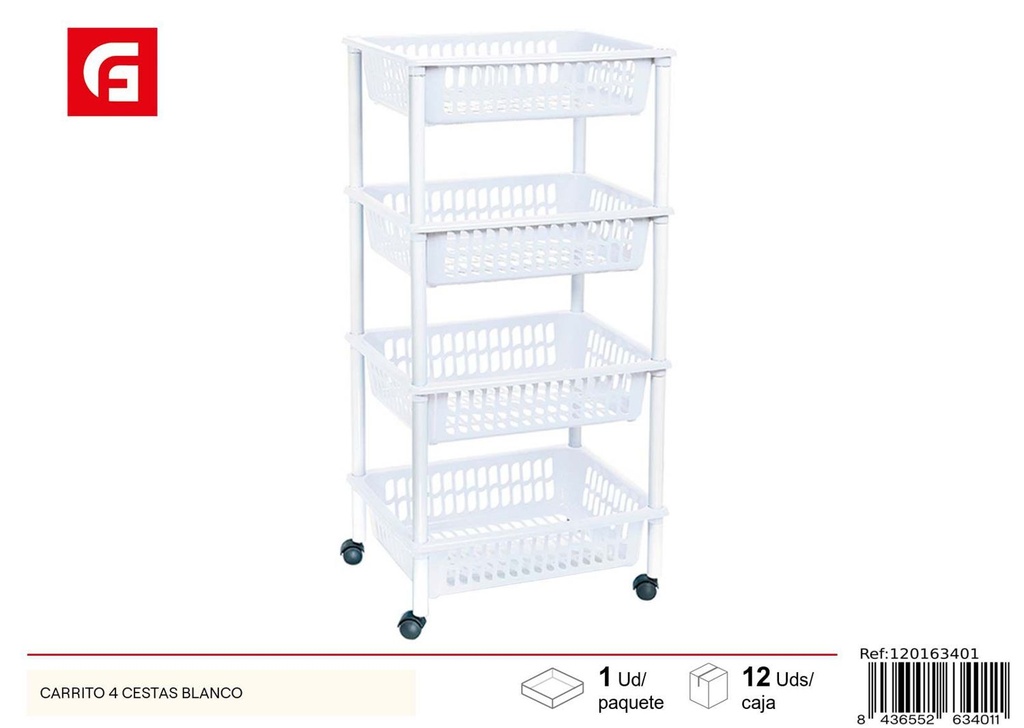 Carrito de cocina 4 cestas blanco para almacenamiento