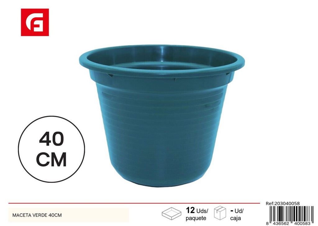 Maceta verde de plástico 40cm para plantas y jardinería