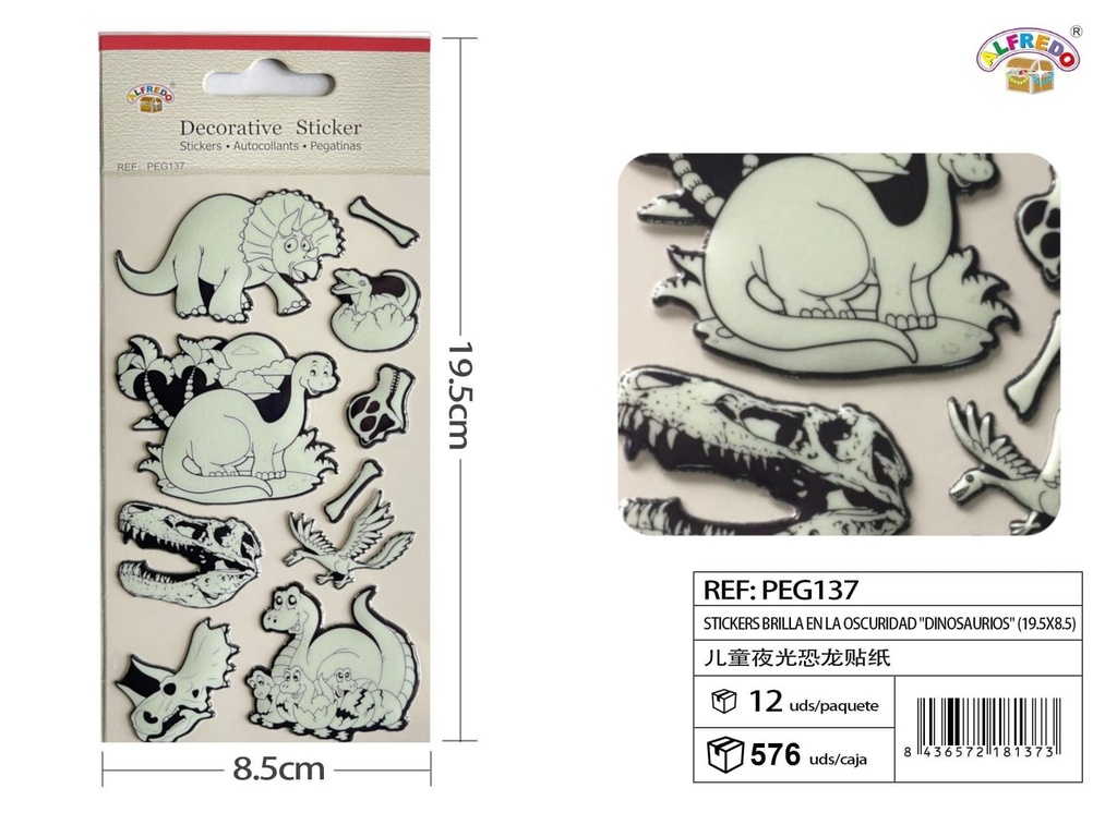 Stickers Fluorescentes "Dinosaurios" 8.5x19.5 cm - Adhesivos infantiles