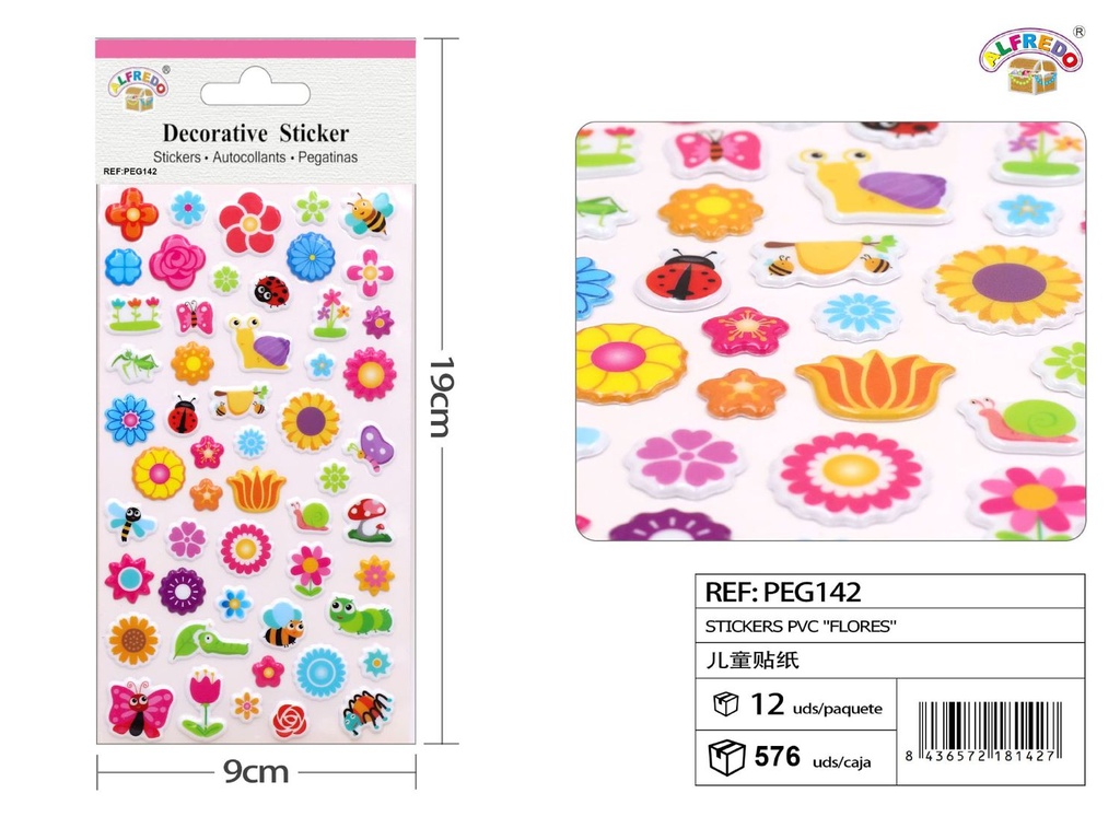 Stickers PVC flores 9x19cm para manualidades infantiles