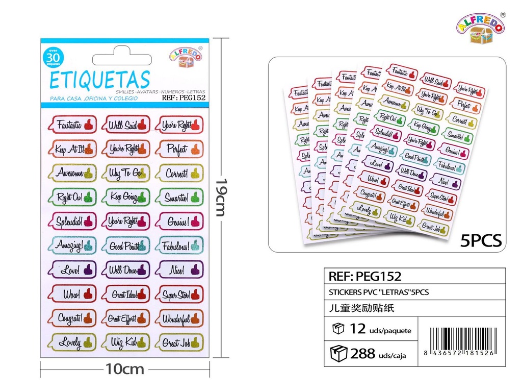 Stickers PVC "Letras" 5 hojas 10x19cm para manualidades y decoración