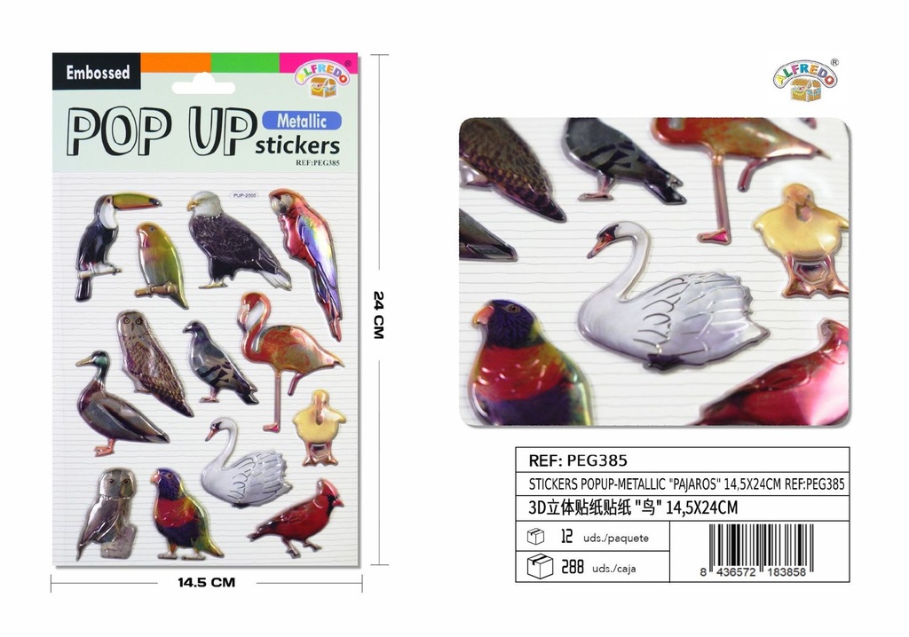 Stickers popup-metallic "pájaros" 14.5x24cm para scrapbooking y manualidades