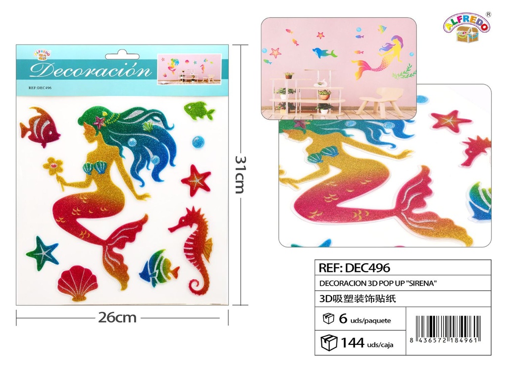 Decoración 3D pop-up "Sirena" 26x31cm para fiestas infantiles