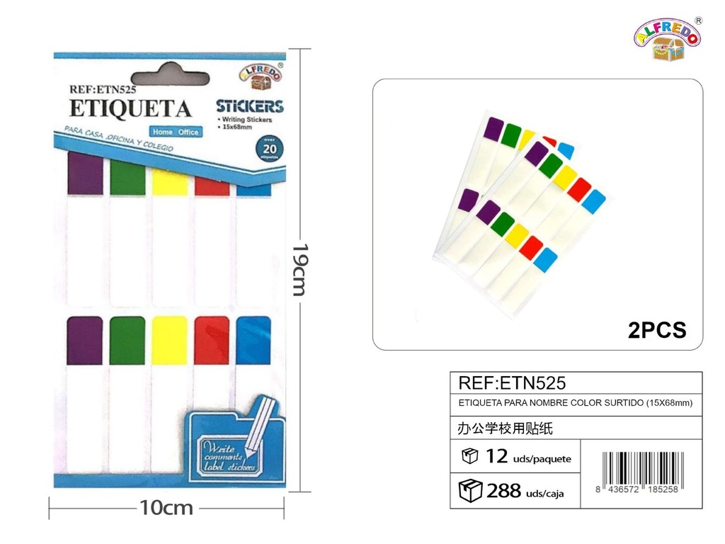 Etiqueta para nombre color surtido 15x68mm 10x19cm para material escolar