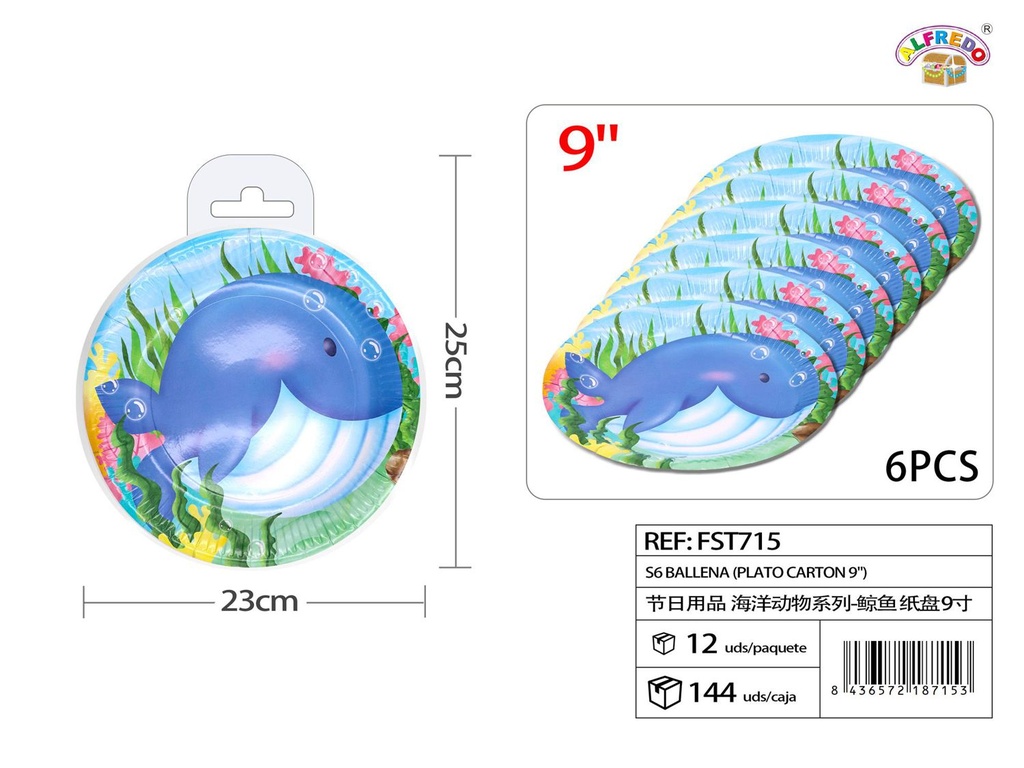 Plato de cartón ballena S6 (9 pulgadas), desechable para fiestas