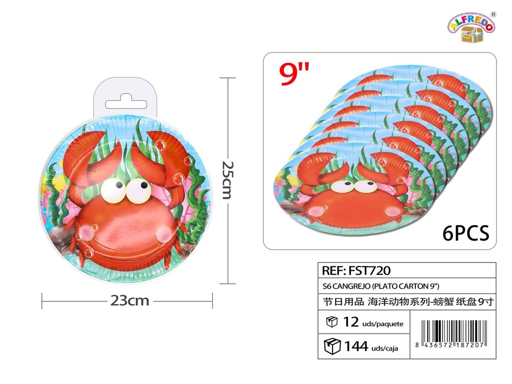 Plato de cartón con diseño de cangrejo S6 9" para fiestas
