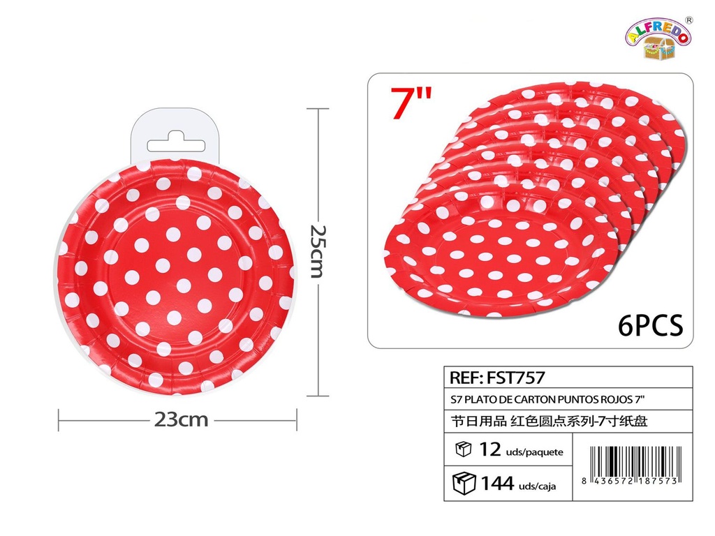 Plato de cartón S7 puntos rojos 7" (set de 6) - Artículos de fiesta