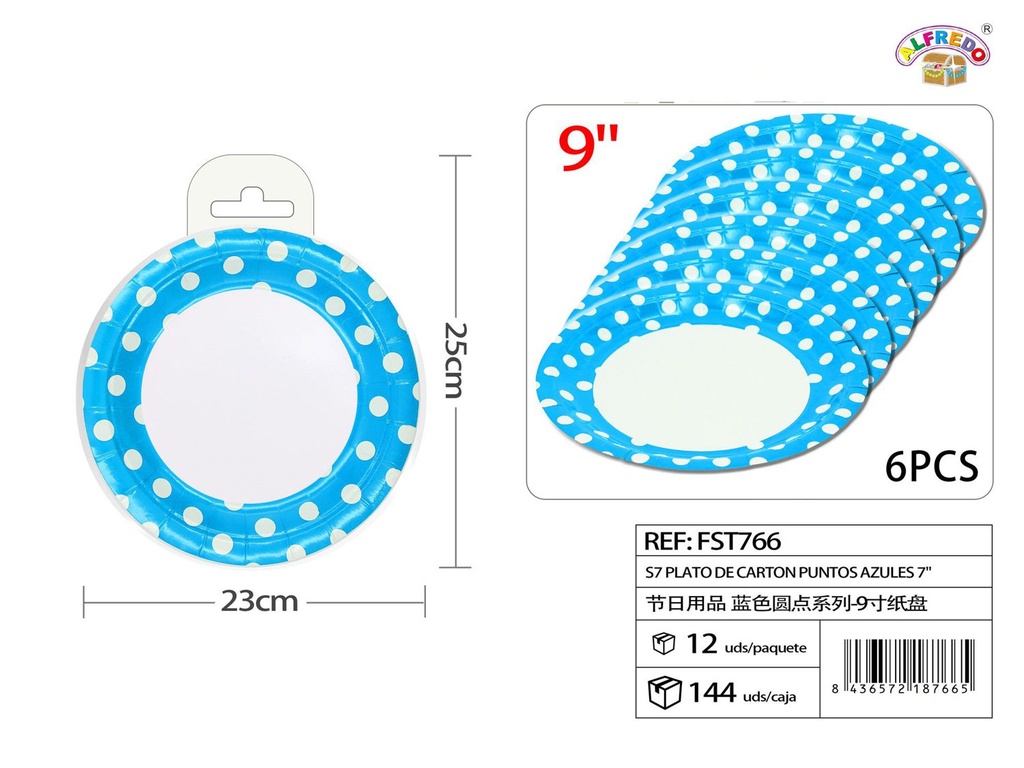 Plato de cartón puntos azules 9" (set de 6) - Artículos de fiesta