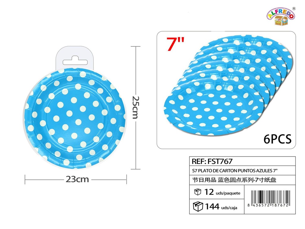 Plato de cartón S7 puntos azules 7" (set de 6) - Artículos de fiesta